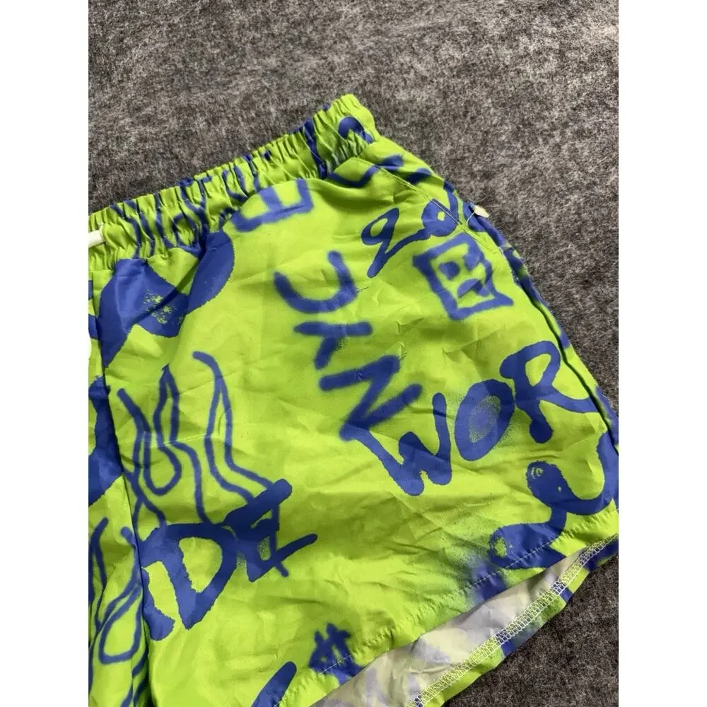 Bohooman Swim Shorts Mens Medium Trunks Lime Green Graffiti Mesh Lined N46